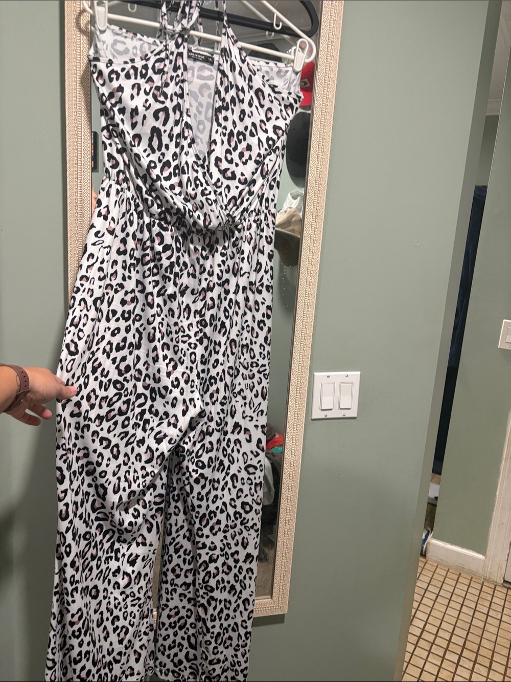 SHEIN White and Black Leopard Halter Jumpsuit